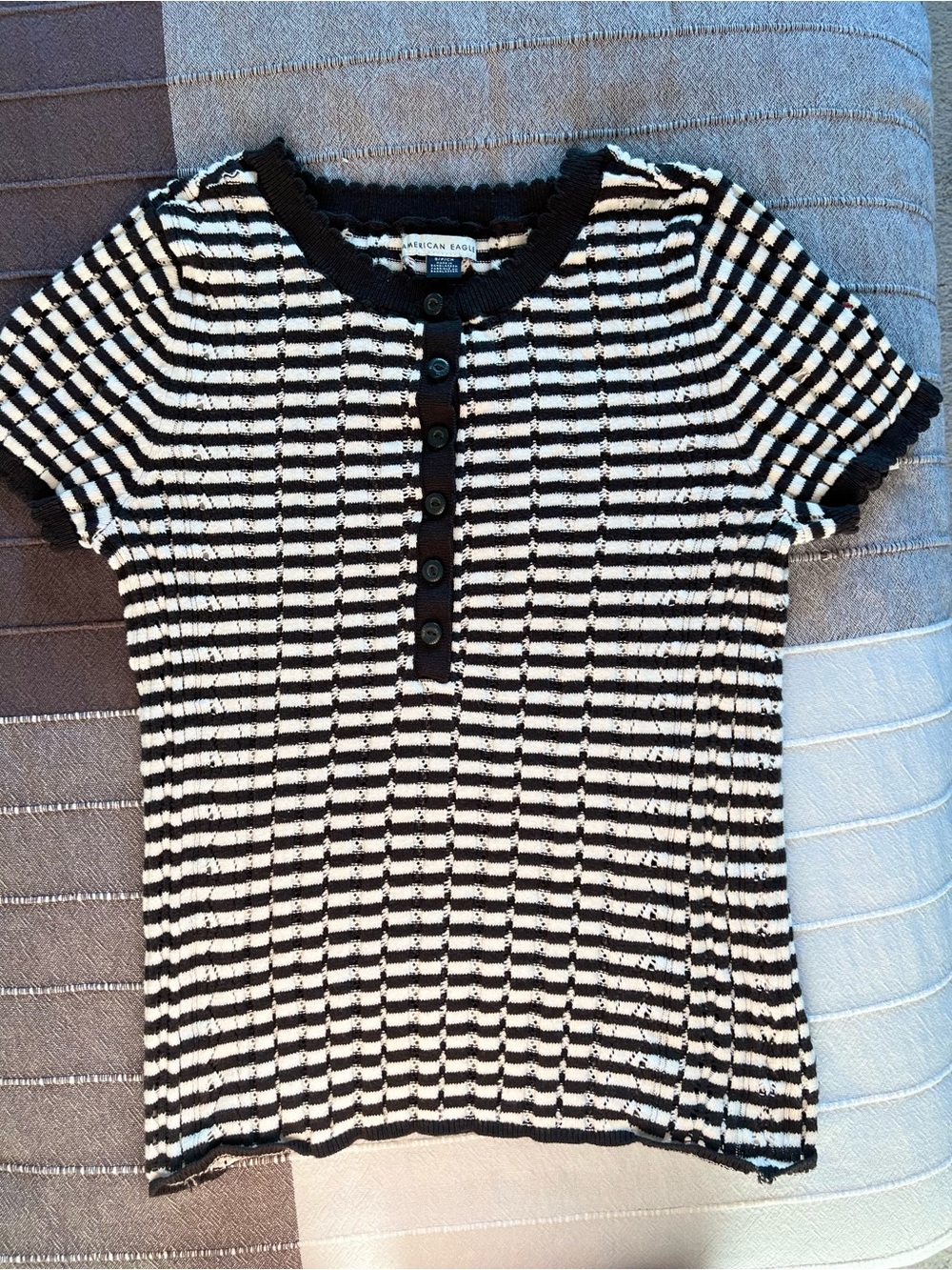 American Eagle Outfitters Black and White Striped Short Sleeve Henley Top